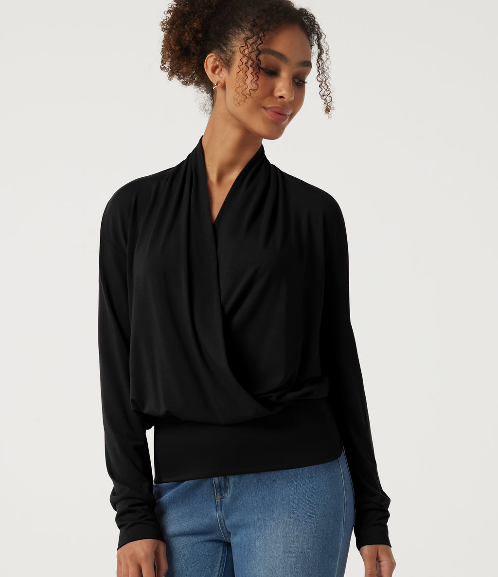 V Neck Long Sleeve Crossover Casual Top — Black — view 1