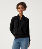 V Neck Long Sleeve Crossover Casual Top — Black — view 4