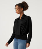 V Neck Long Sleeve Crossover Casual Top — Black — view 3
