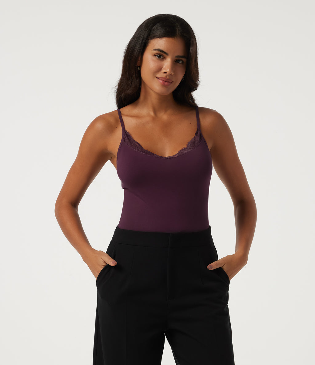 V Neck Sleeveless Skinny Contrast Lace Casual Bodysuit — Pickled Beet — view 4