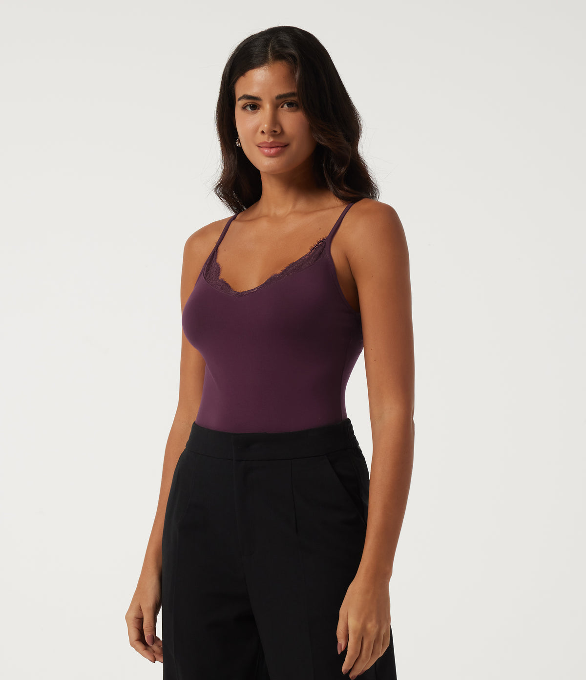 V Neck Sleeveless Skinny Contrast Lace Casual Bodysuit — Pickled Beet — view 3