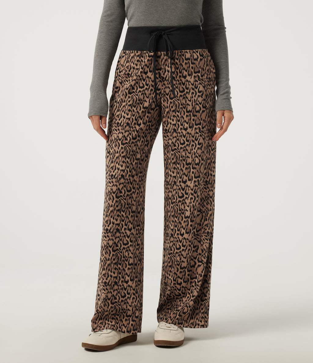 Leopard Print Mid Rise Drawstring Straight Leg Casual Trousers with Pockets — Tan Leopard — view 3