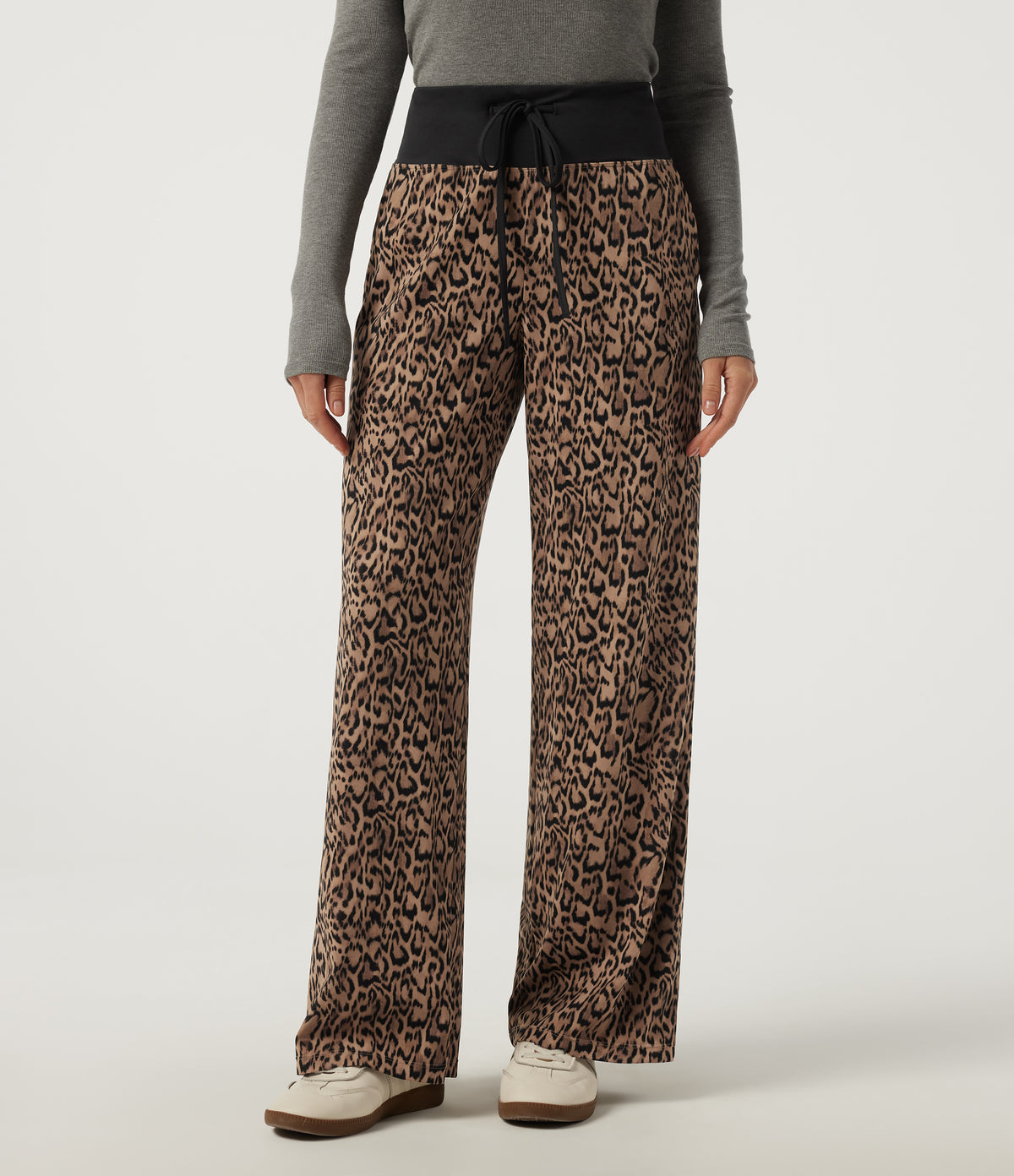 Leopard Print Mid Rise Drawstring Straight Leg Casual Trousers with Pockets — Tan Leopard — view 3