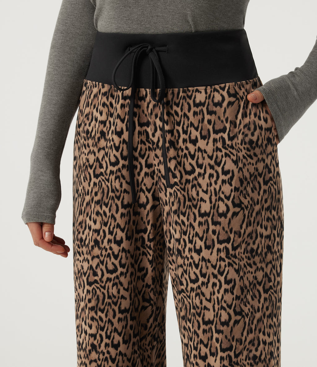 Leopard Print Mid Rise Drawstring Straight Leg Casual Trousers with Pockets — Tan Leopard — view 4