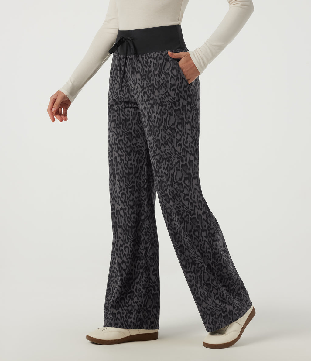 Leopard Print Mid Rise Drawstring Straight Leg Casual Trousers with Pockets — Shadow Leopard — view 8