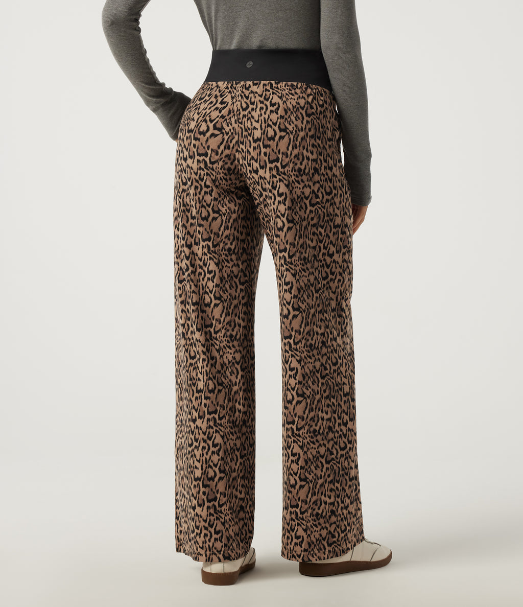 Leopard Print Mid Rise Drawstring Straight Leg Casual Trousers with Pockets — Tan Leopard — view 2