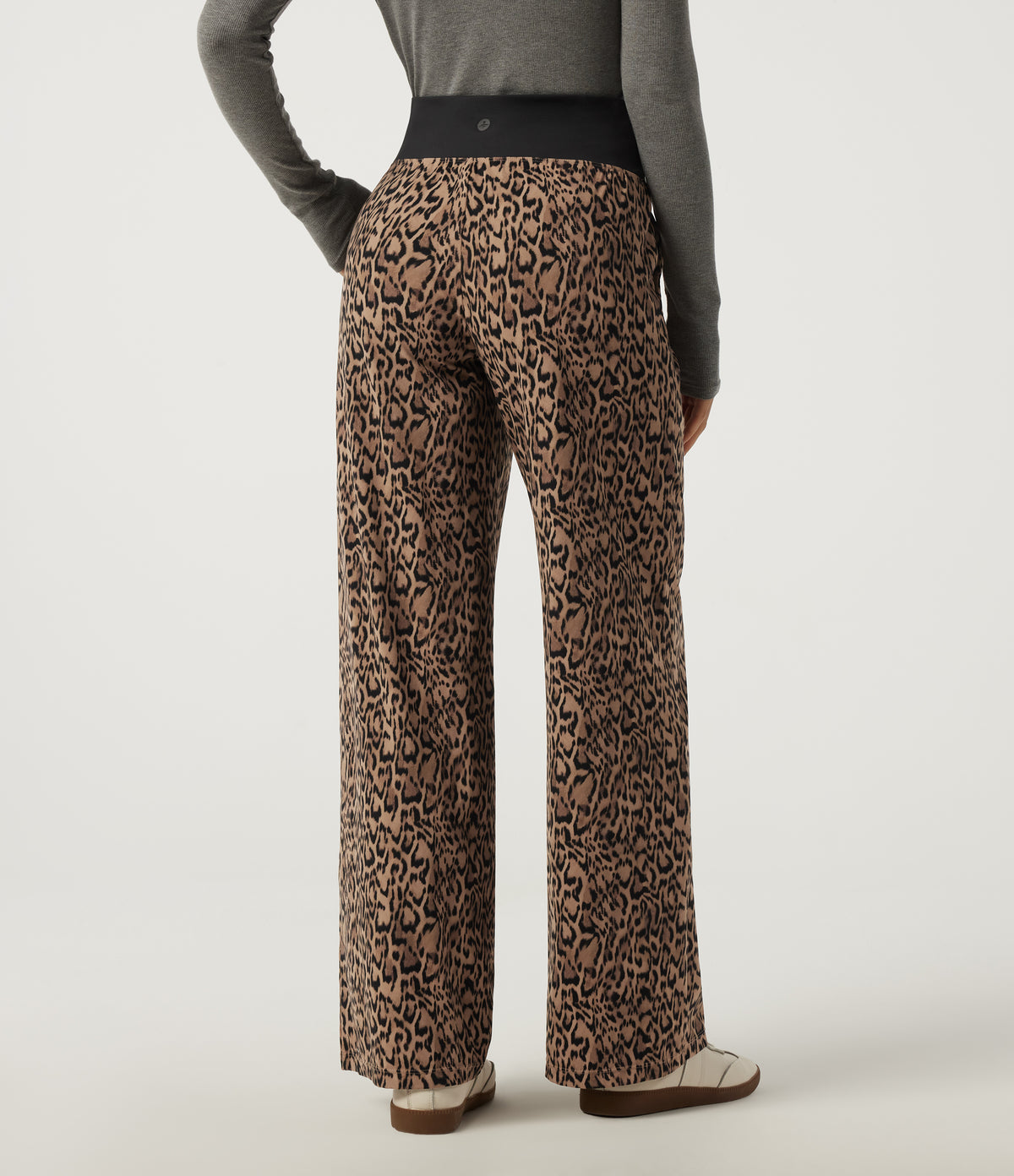 Leopard Print Mid Rise Drawstring Straight Leg Casual Trousers with Pockets — Tan Leopard — view 2