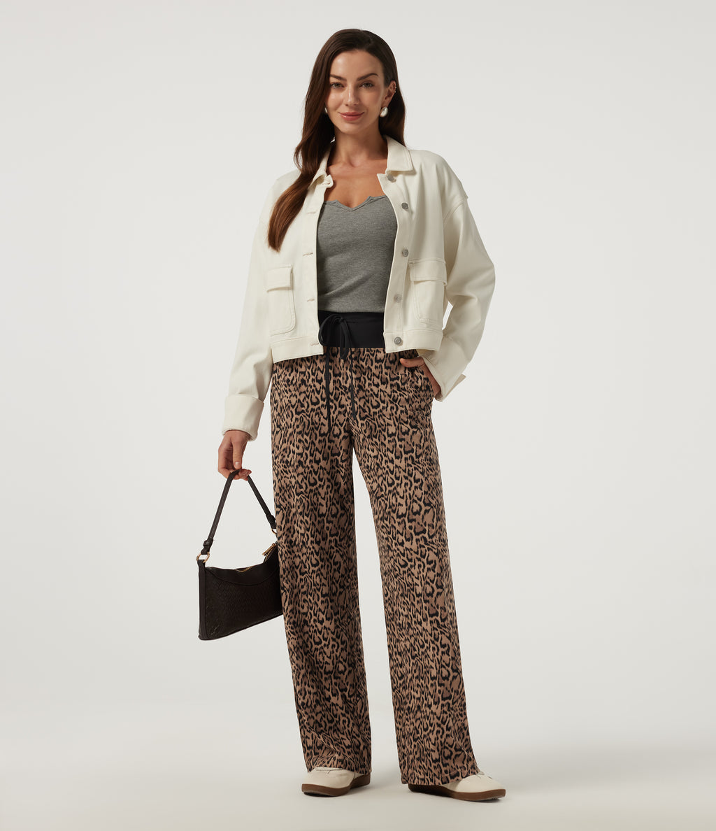 Leopard Print Mid Rise Drawstring Straight Leg Casual Trousers with Pockets — Tan Leopard — view 7