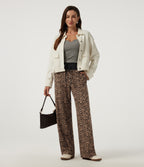 Leopard Print Mid Rise Drawstring Straight Leg Casual Trousers with Pockets — Tan Leopard — view 7