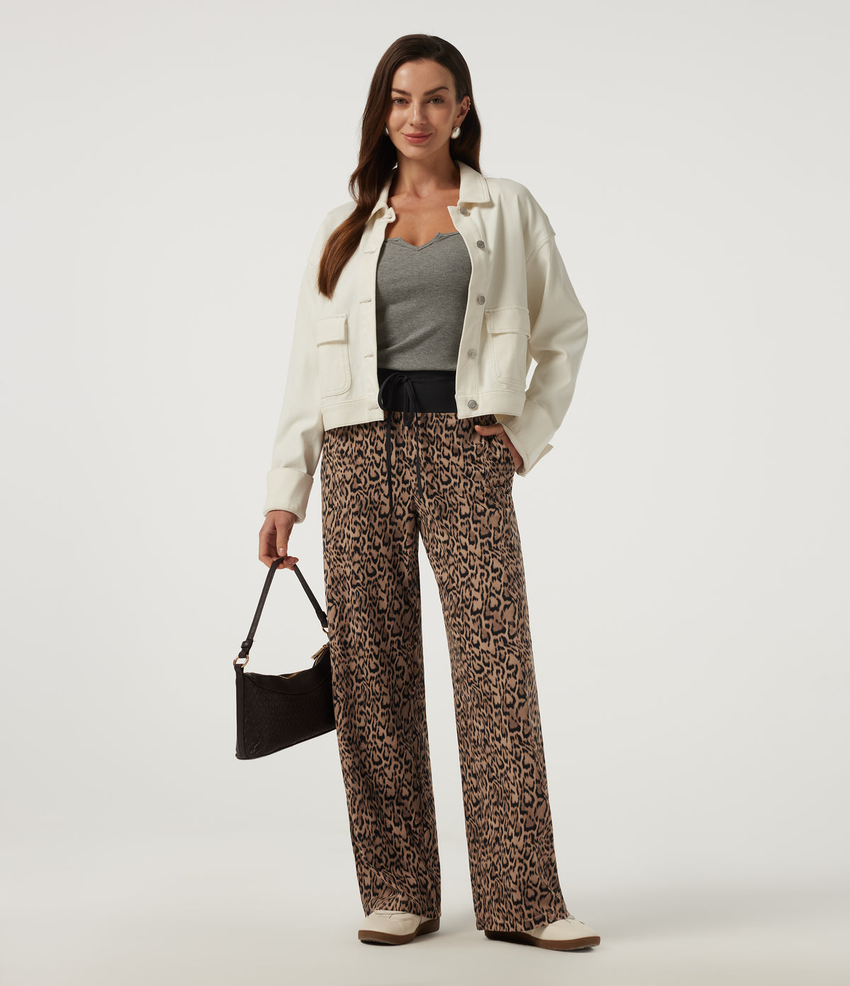 Leopard Print Mid Rise Drawstring Straight Leg Casual Trousers with Pockets — Tan Leopard — view 7