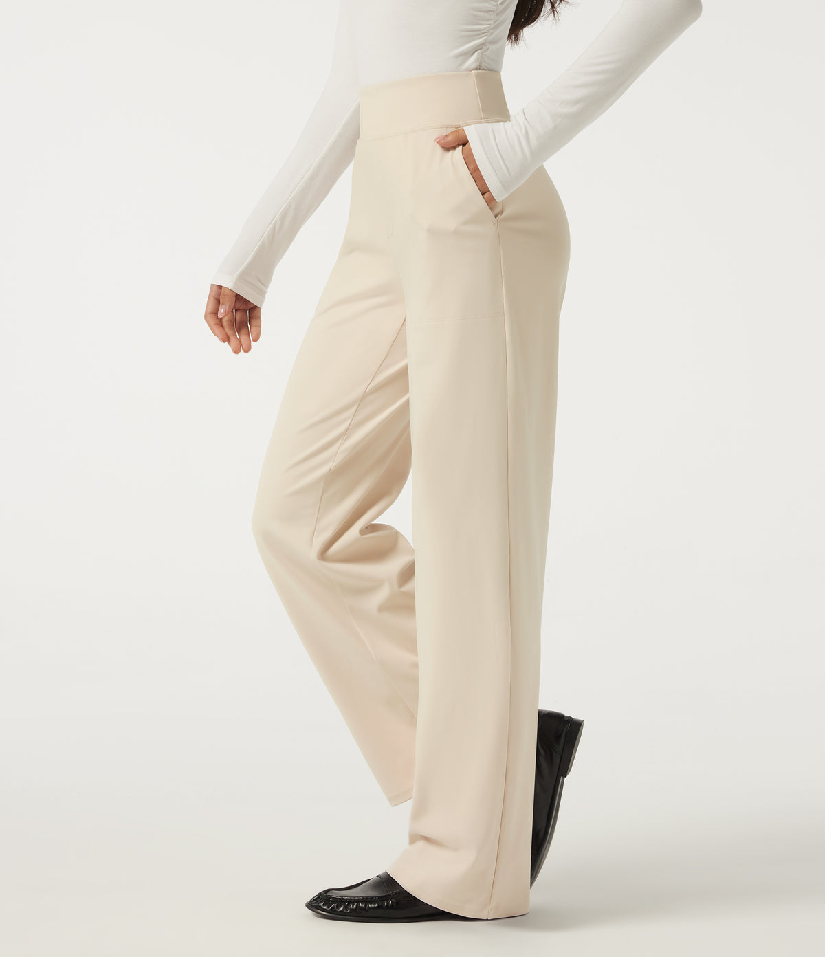 High Waisted Straight Leg Work Trousers with Pockets — Oat Milk — view 1