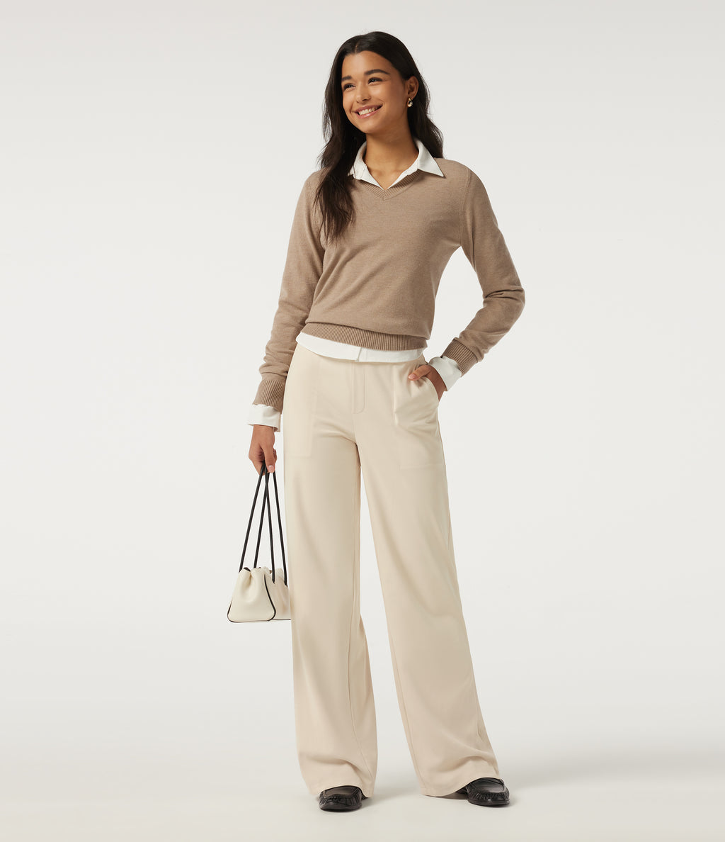 High Waisted Straight Leg Work Trousers with Pockets — Oat Milk — view 7
