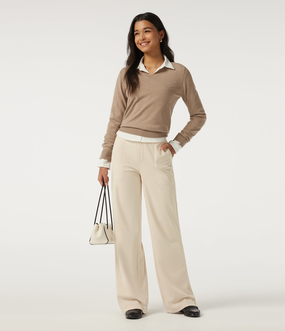 High Waisted Straight Leg Work Trousers with Pockets — Oat Milk — view 7