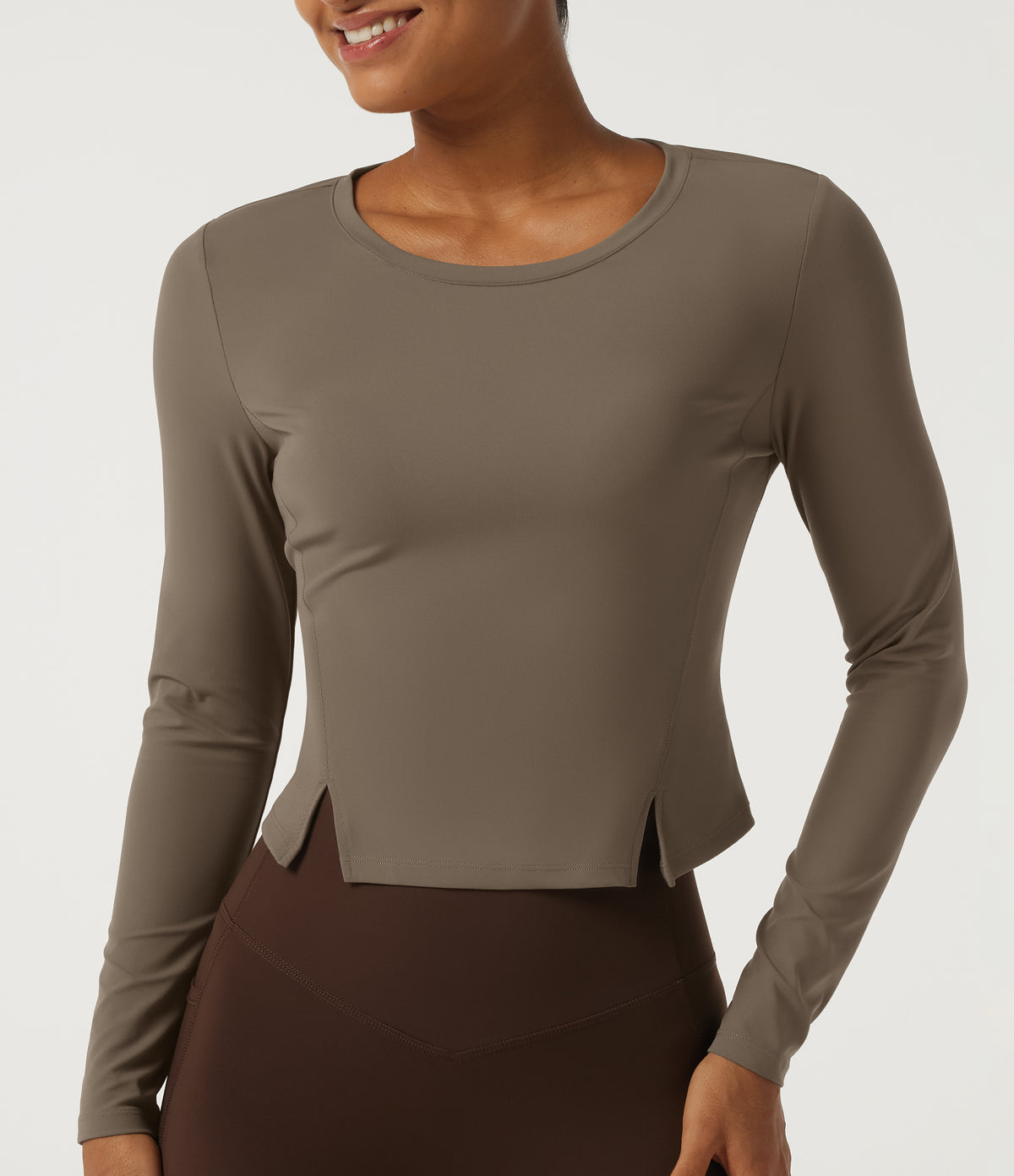 Round Neck Long Sleeve Running Sports Top — Dawn Brown — view 5