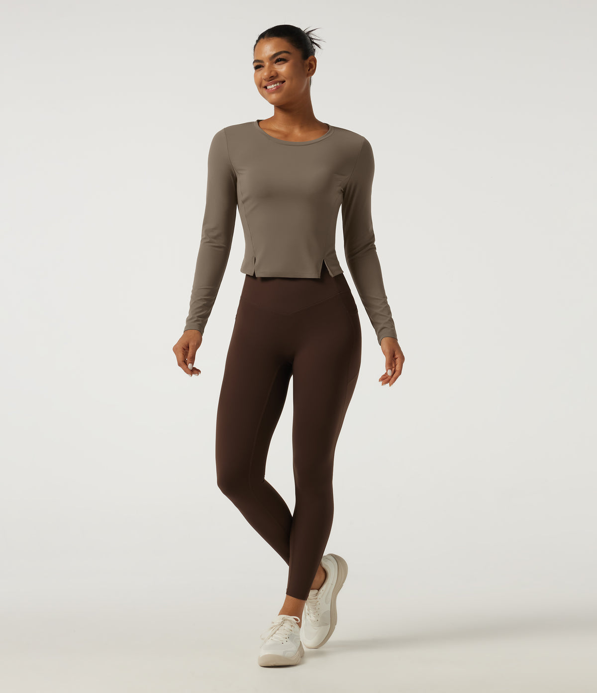 Round Neck Long Sleeve Running Sports Top — Dawn Brown — view 8