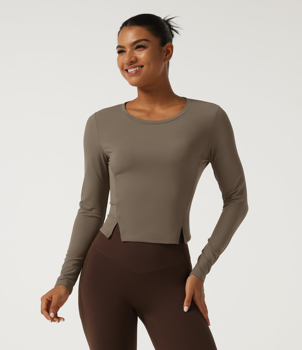 Round Neck Long Sleeve Running Sports Top — Dawn Brown — view 4