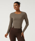 Round Neck Long Sleeve Running Sports Top — Dawn Brown — view 4