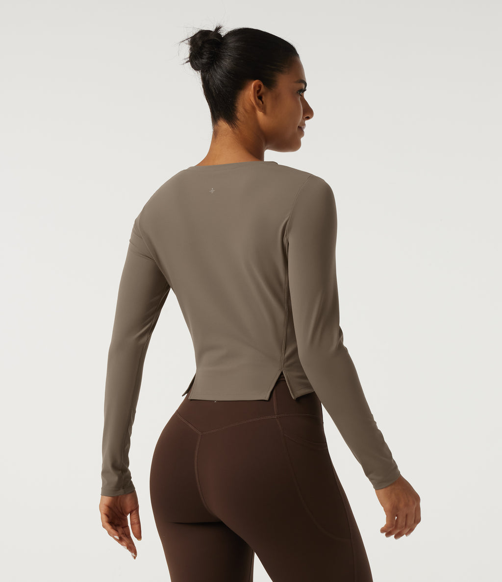 Round Neck Long Sleeve Running Sports Top — Dawn Brown — view 2