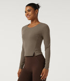 Round Neck Long Sleeve Running Sports Top — Dawn Brown — view 3