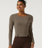 Round Neck Long Sleeve Running Sports Top — Dawn Brown — view 1