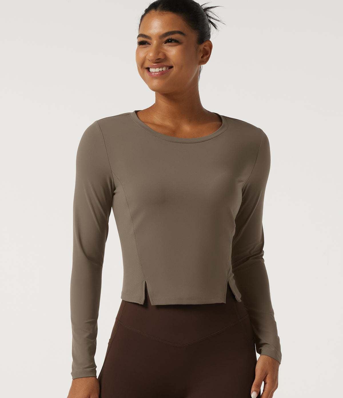 Round Neck Long Sleeve Running Sports Top — Dawn Brown — view 1