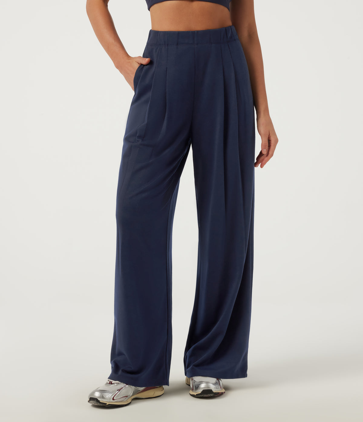 High Waisted Wide Leg Casual Sweatpants with Pockets — Black Iris — view 3