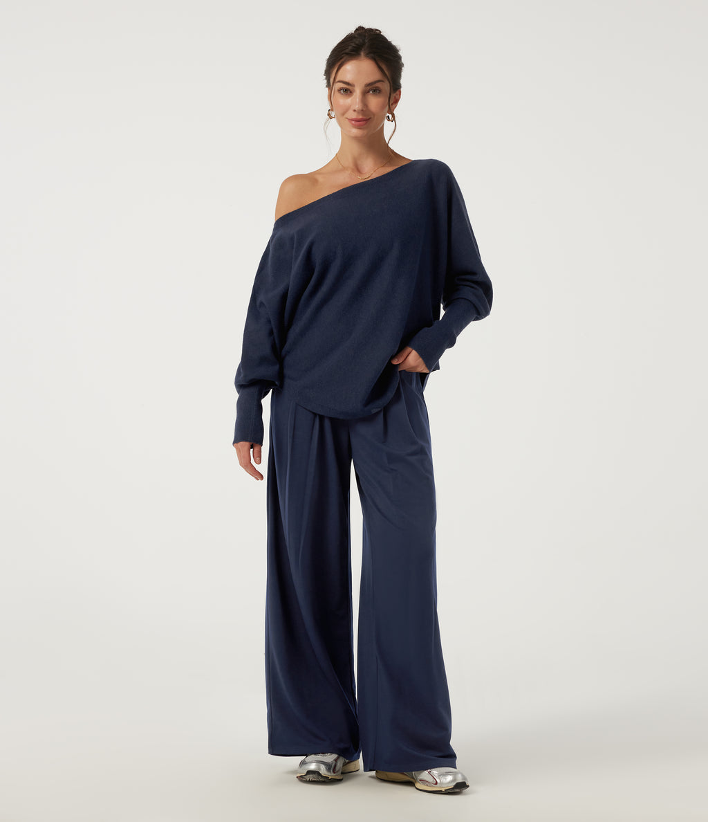 High Waisted Wide Leg Casual Sweatpants with Pockets — Black Iris — view 6