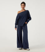 High Waisted Wide Leg Casual Sweatpants with Pockets — Black Iris — view 6
