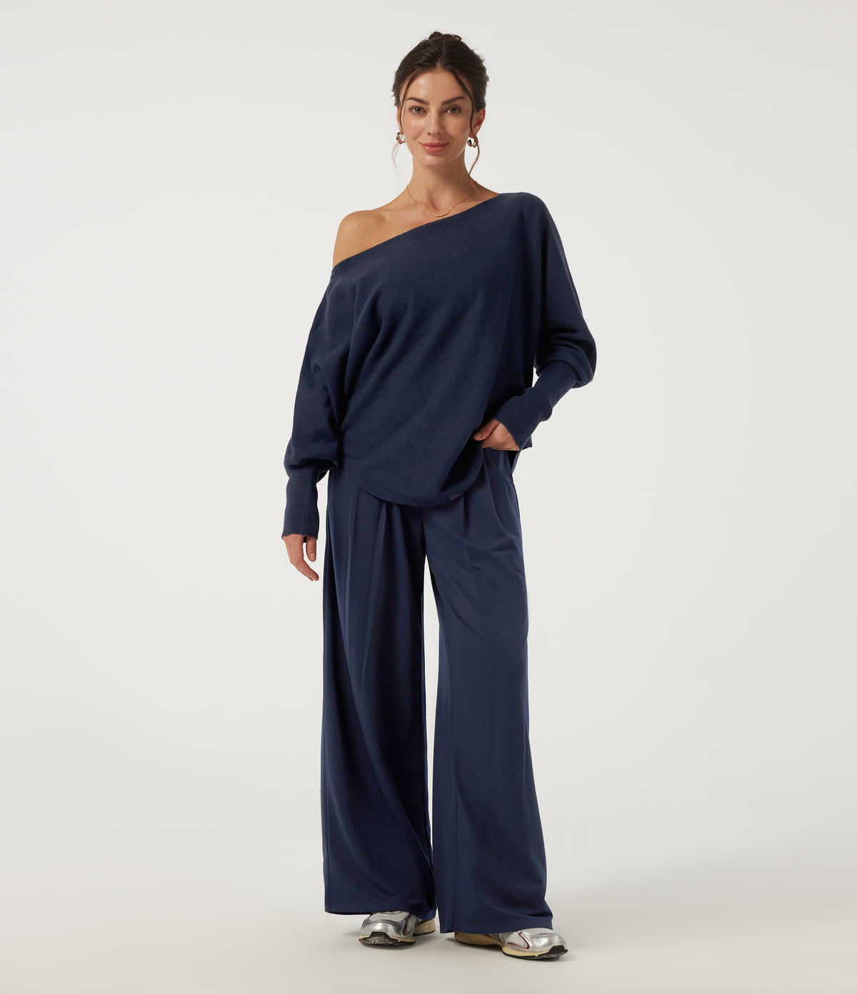 High Waisted Wide Leg Casual Sweatpants with Pockets — Black Iris — view 6