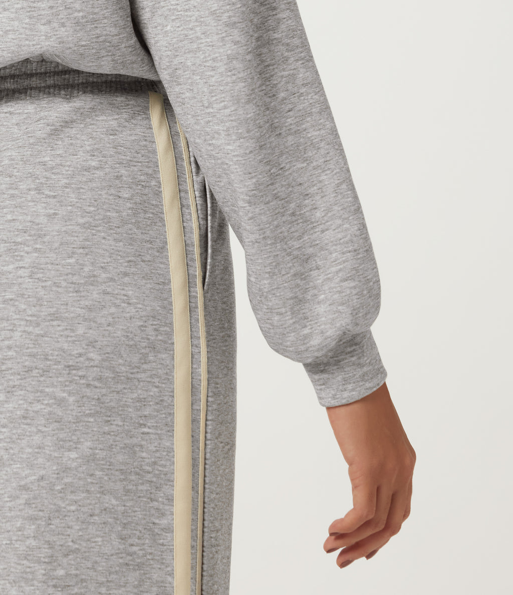 Stand Collar Long Sleeve Drawstring Side Stripe Midi Sweatshirt Dress with Pockets — Fog Gray — view 7