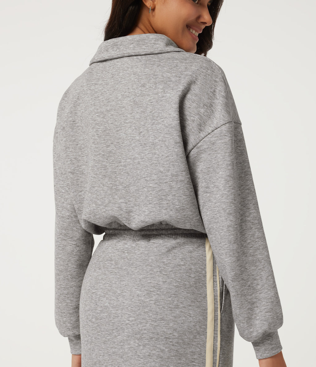 Stand Collar Long Sleeve Drawstring Side Stripe Midi Sweatshirt Dress with Pockets — Fog Gray — view 5