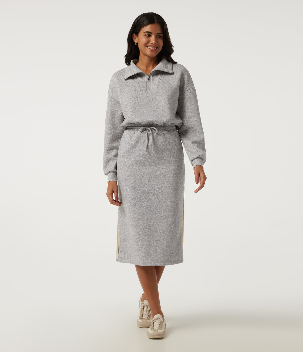 Stand Collar Long Sleeve Drawstring Side Stripe Midi Sweatshirt Dress with Pockets — Fog Gray — view 3