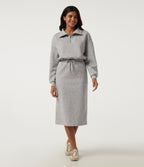 Stand Collar Long Sleeve Drawstring Side Stripe Midi Sweatshirt Dress with Pockets — Fog Gray — view 3
