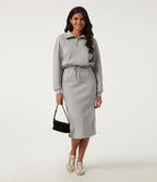 Stand Collar Long Sleeve Drawstring Side Stripe Midi Sweatshirt Dress with Pockets — Fog Gray — view 8