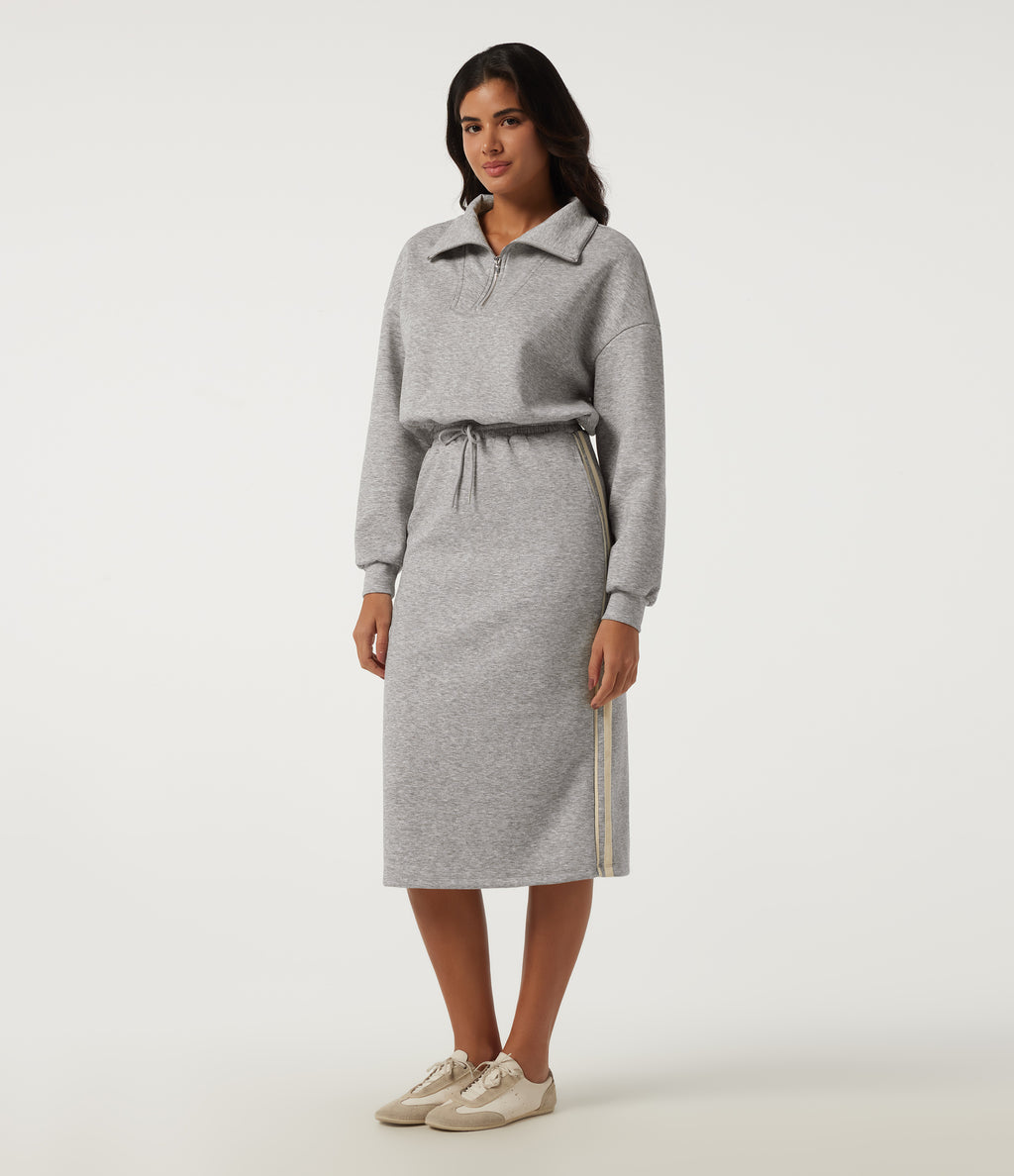 Stand Collar Long Sleeve Drawstring Side Stripe Midi Sweatshirt Dress with Pockets — Fog Gray — view 1
