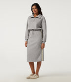 Stand Collar Long Sleeve Drawstring Side Stripe Midi Sweatshirt Dress with Pockets — Fog Gray — view 1