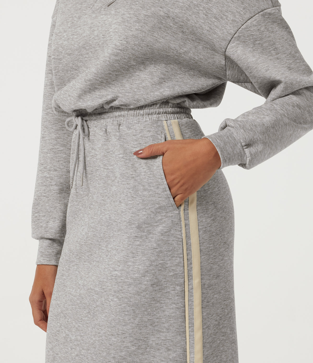 Stand Collar Long Sleeve Drawstring Side Stripe Midi Sweatshirt Dress with Pockets — Fog Gray — view 6
