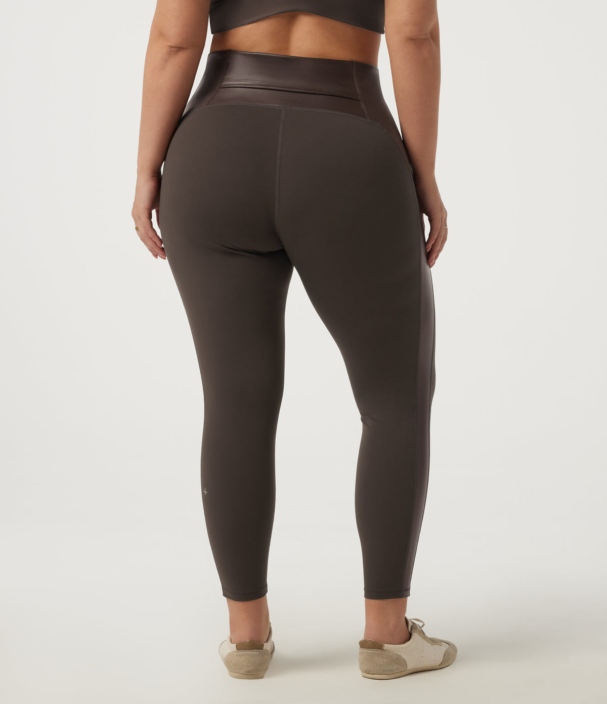 Plus Size High Waisted Stretchy PU Tummy Control Yoga Leggings with Pocket — Hot Fudge — view 2
