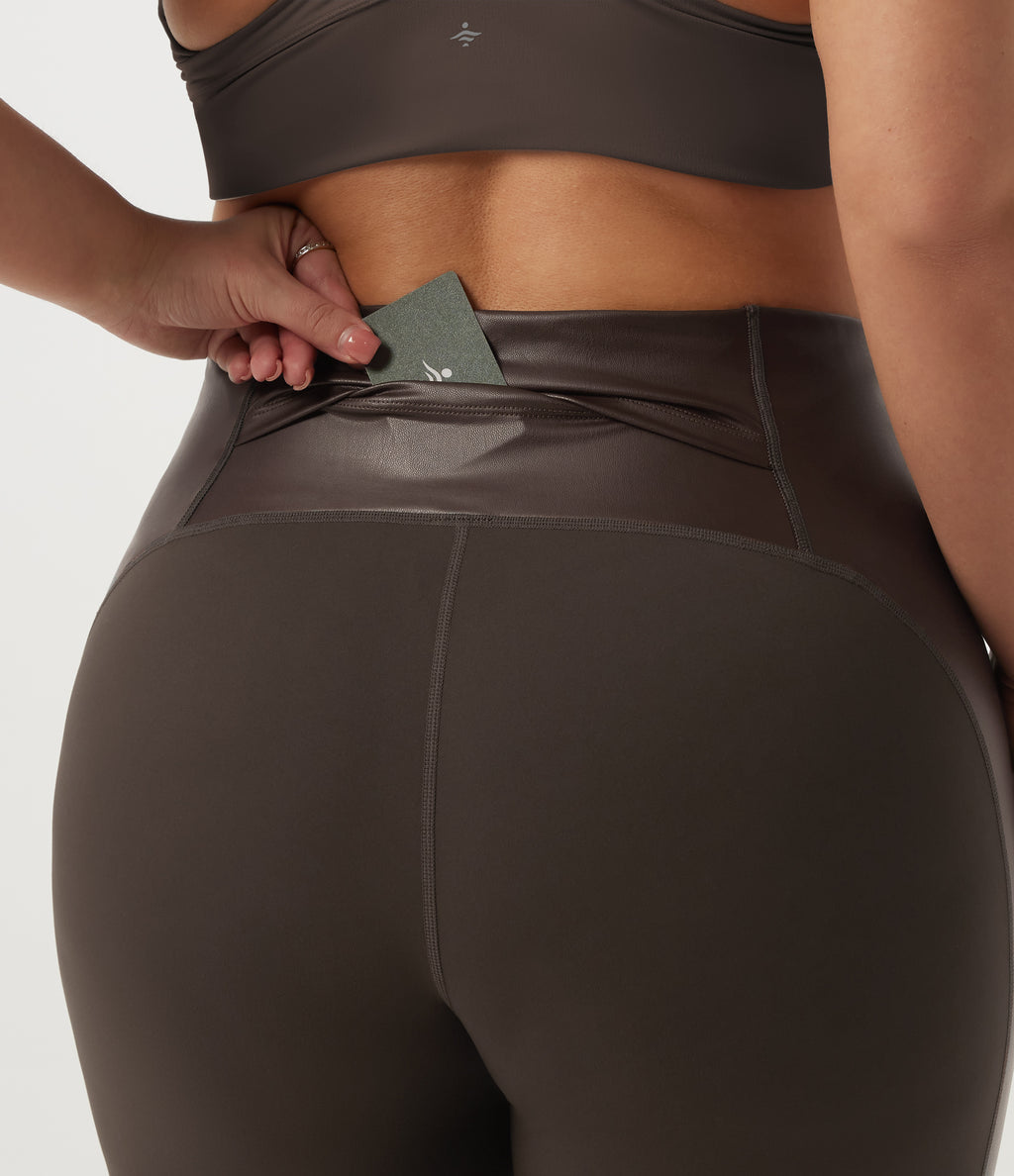 Plus Size High Waisted Stretchy PU Tummy Control Yoga Leggings with Pocket — Hot Fudge — view 5