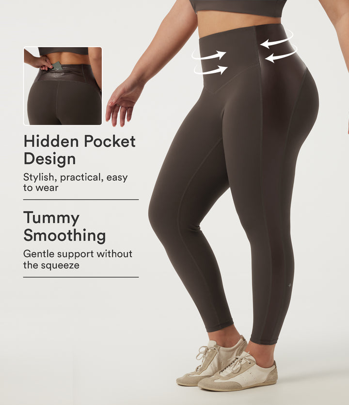 Plus Size High Waisted Stretchy PU Tummy Control Yoga Leggings with Pocket — Hot Fudge — view 1