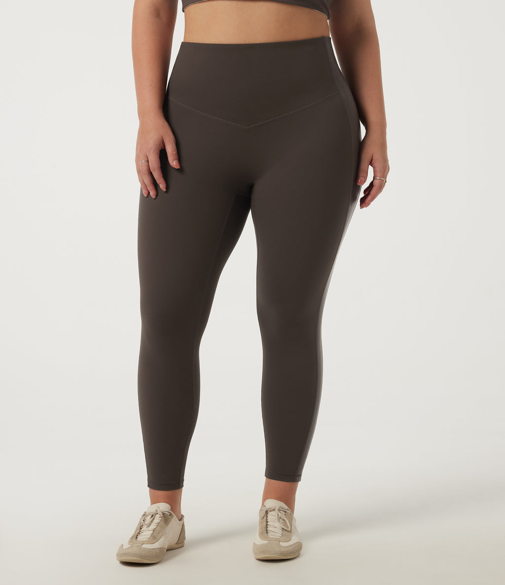 Plus Size High Waisted Stretchy PU Tummy Control Yoga Leggings with Pocket — Hot Fudge — view 3