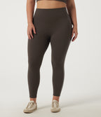 Plus Size High Waisted Stretchy PU Tummy Control Yoga Leggings with Pocket — Hot Fudge — view 3