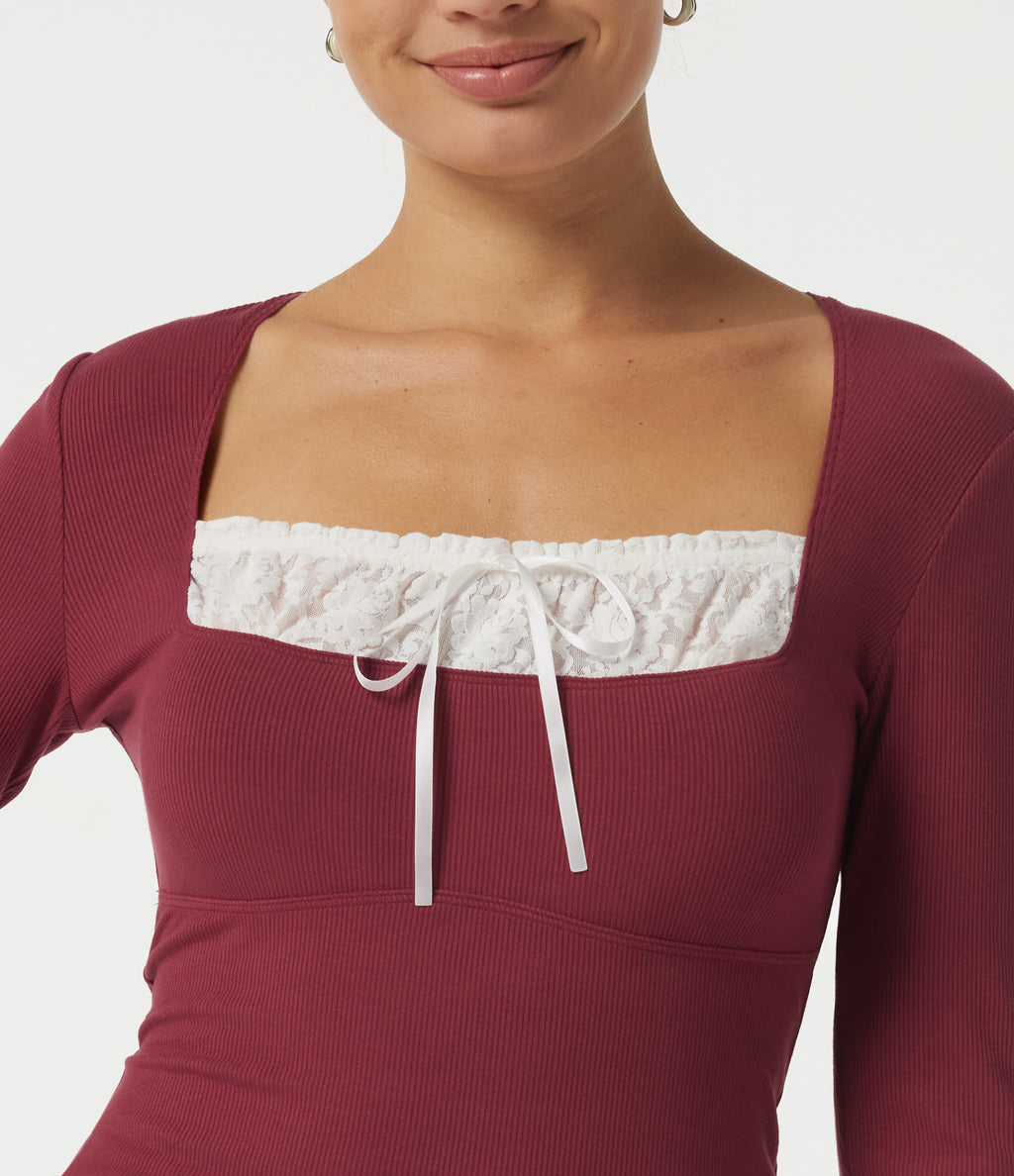 Ribbed Knit Square Neck Long Sleeve Contrast Lace Casual Top — Ruby Wine — view 5