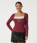 Ribbed Knit Square Neck Long Sleeve Contrast Lace Casual Top — Ruby Wine — view 4