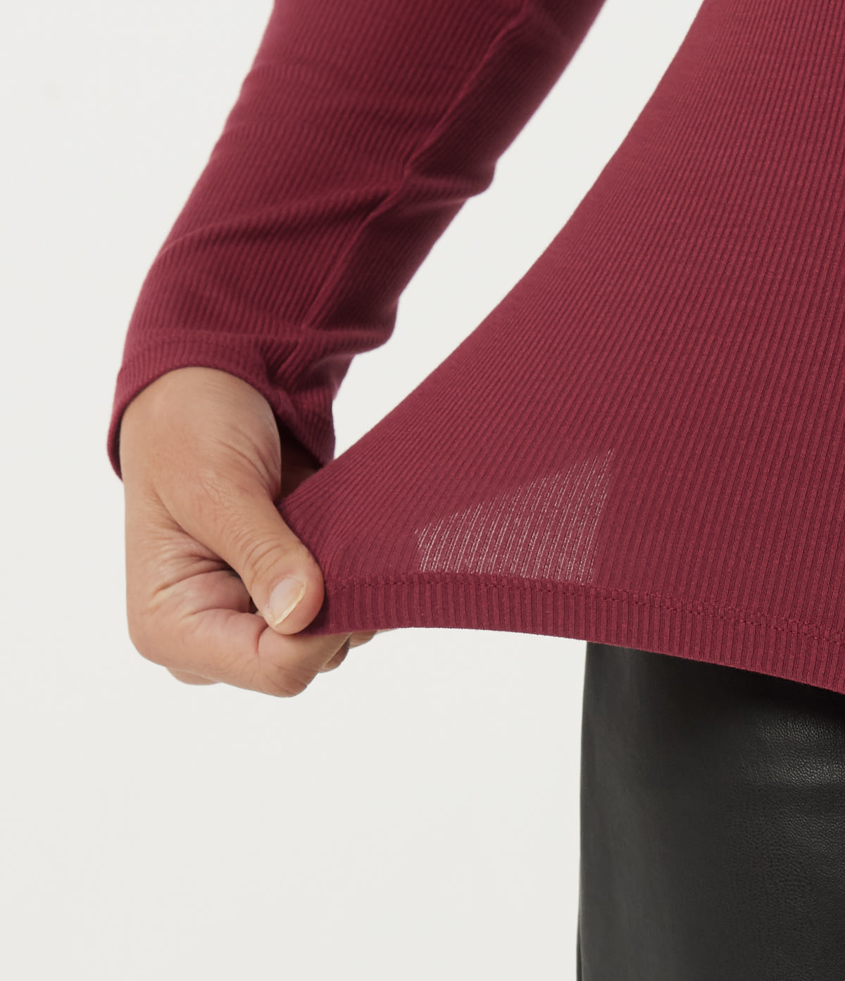 Ribbed Knit Square Neck Long Sleeve Contrast Lace Casual Top — Ruby Wine — view 6