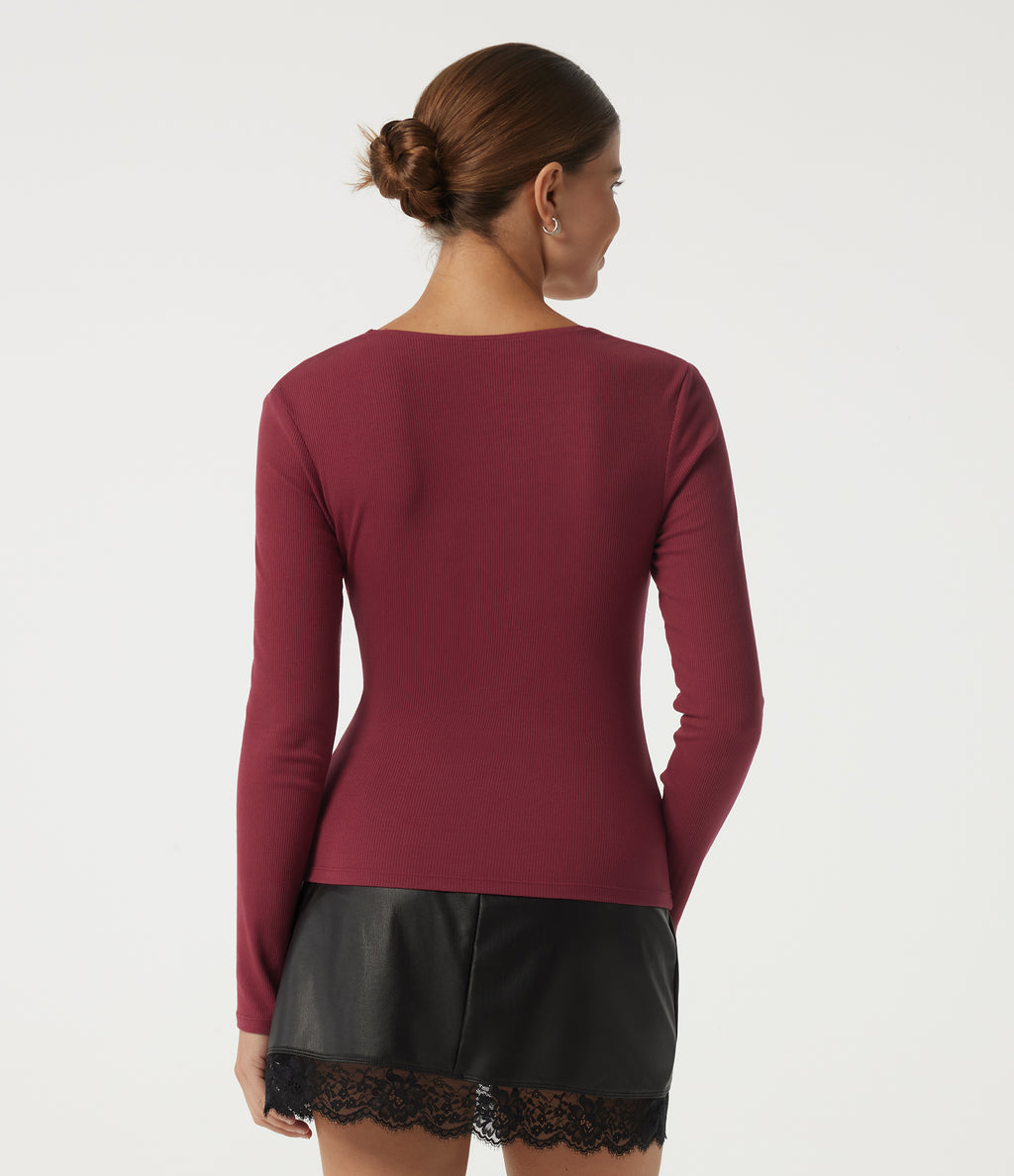 Ribbed Knit Square Neck Long Sleeve Contrast Lace Casual Top — Ruby Wine — view 2