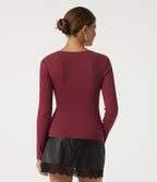 Ribbed Knit Square Neck Long Sleeve Contrast Lace Casual Top — Ruby Wine — view 2