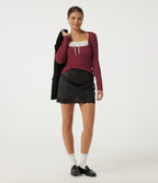 Ribbed Knit Square Neck Long Sleeve Contrast Lace Casual Top — Ruby Wine — view 7