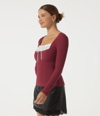 Ribbed Knit Square Neck Long Sleeve Contrast Lace Casual Top — Ruby Wine — view 3