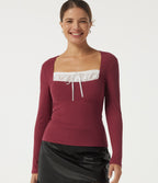 Ribbed Knit Square Neck Long Sleeve Contrast Lace Casual Top — Ruby Wine — view 1